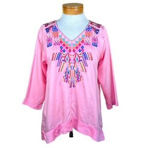 Soft Surroundings Women’s V-Neck Tencel Tunic Embroideref On The Front & Back PS